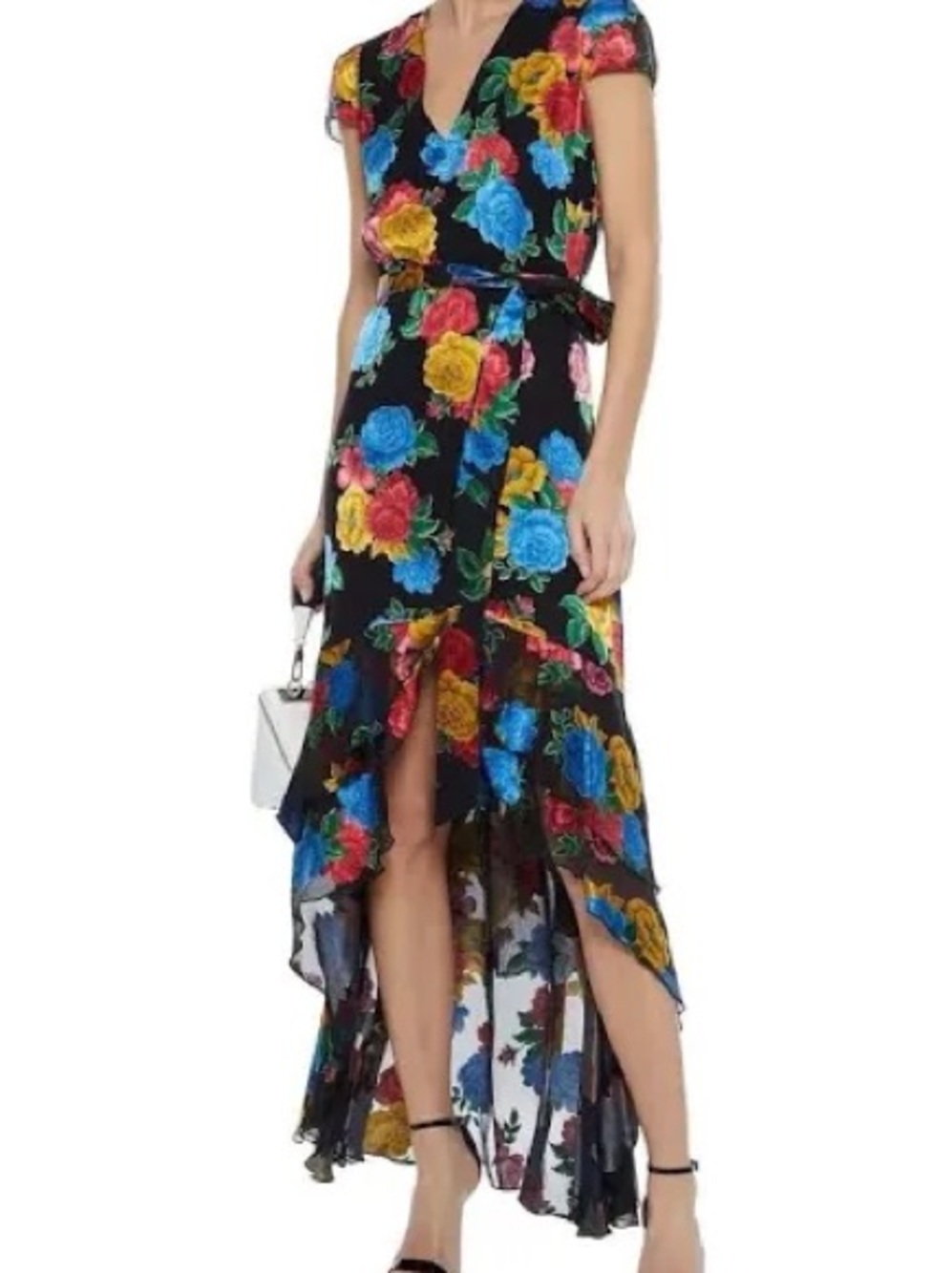 Alice & Olivia Erika Ruffle Floral High-Low Wrap Maxi Dress - Black Multicolor